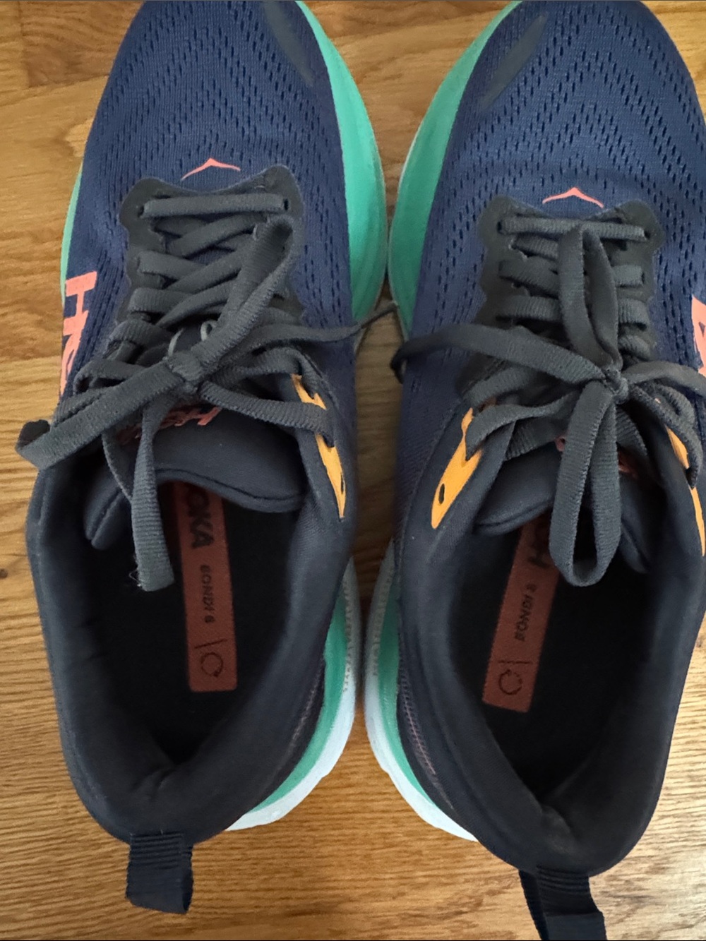 Hoka Bondi 8 Navy Shoes with Teal Midsole and Coral Logo - Picture 6 of 8